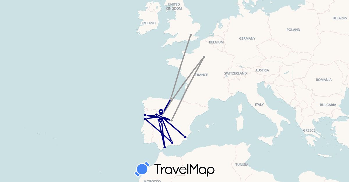 TravelMap itinerary: driving, plane in Spain, France, United Kingdom, Portugal (Europe)